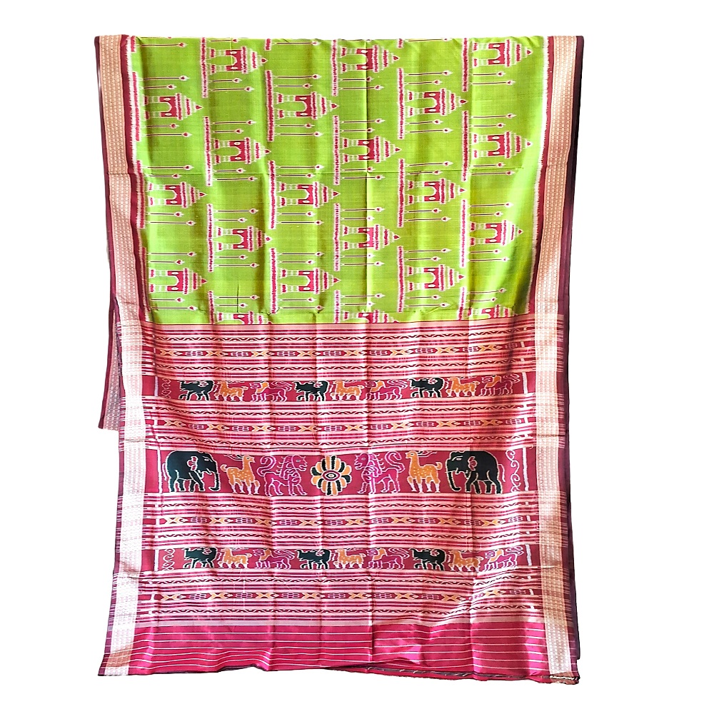 Odisha Ikat Bomkai Silk saree parrot green OC-404