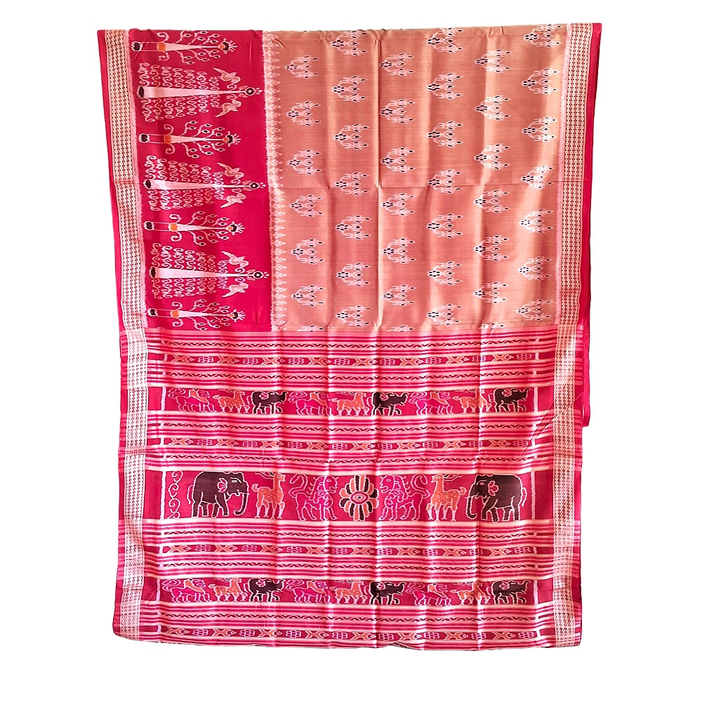 Odisha Ikat Bomkai Silk saree salmon pink and dark