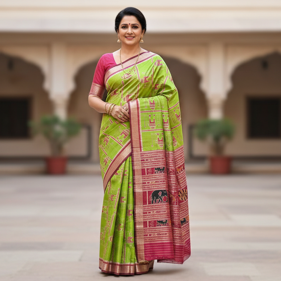 Odisha Ikat Bomkai Silk saree parrot green OC-404b